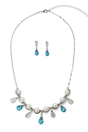 YC2605004SL - Turquoise Blue Pearl Silver Tone Necklace Set